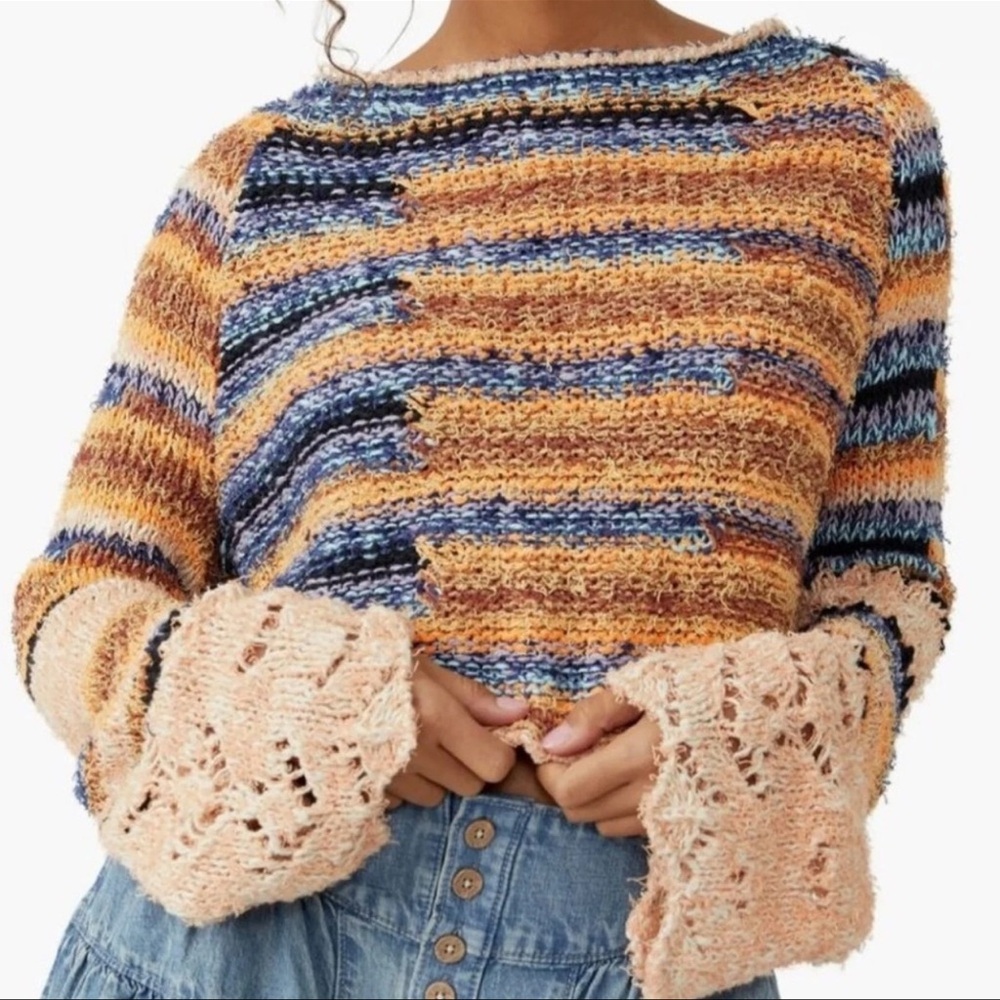 Free People Butterfly Mixed Stripe Cotton Blend Sweater